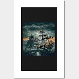 Ghost Ship night - digital drawing - color Posters and Art